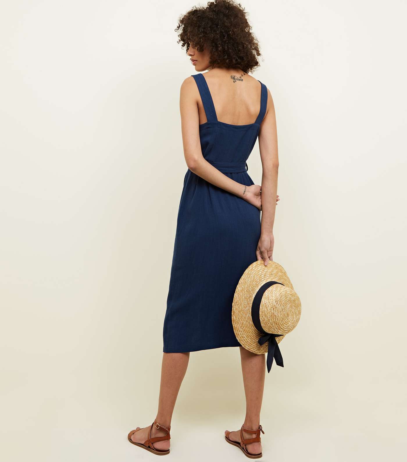 Navy Belted Button Front Midi Dress  Image 3