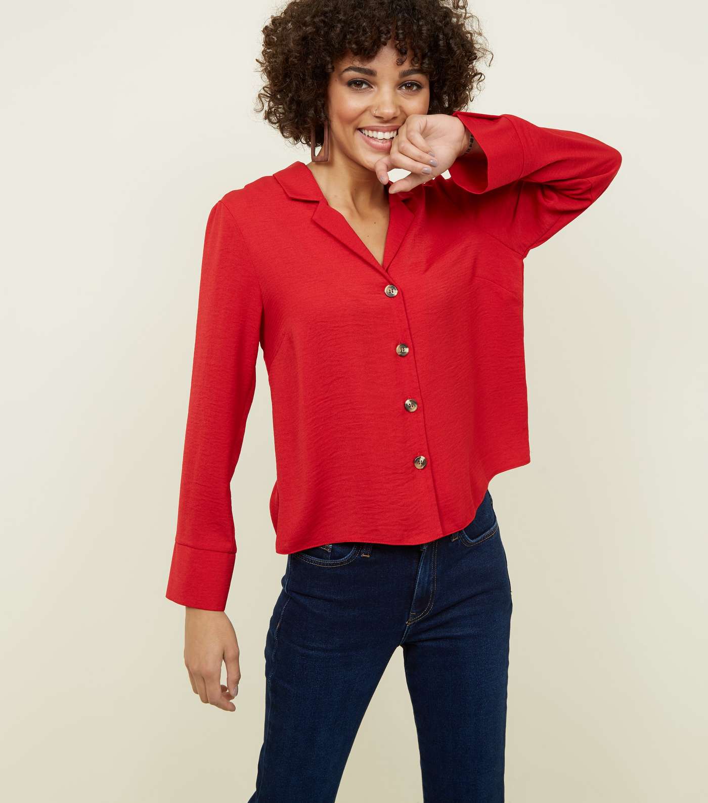 Red Crepe Revere Collar Boxy Shirt