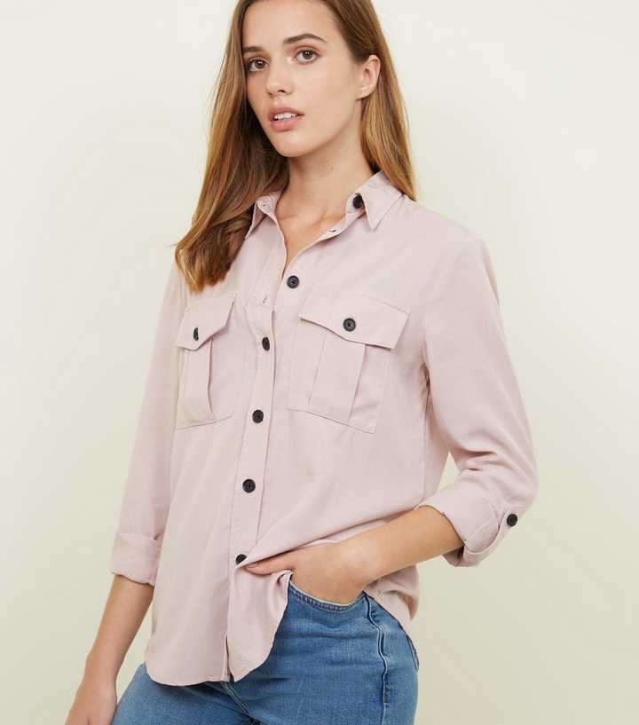 Pale Pink Pocket Front Dip Hem Shirt