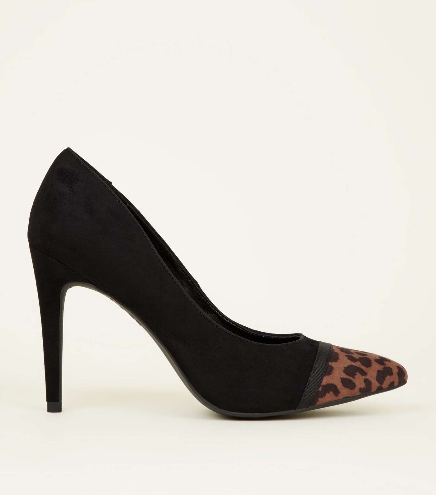 Black Suedette Leopard Print Toe Cap Court Shoes