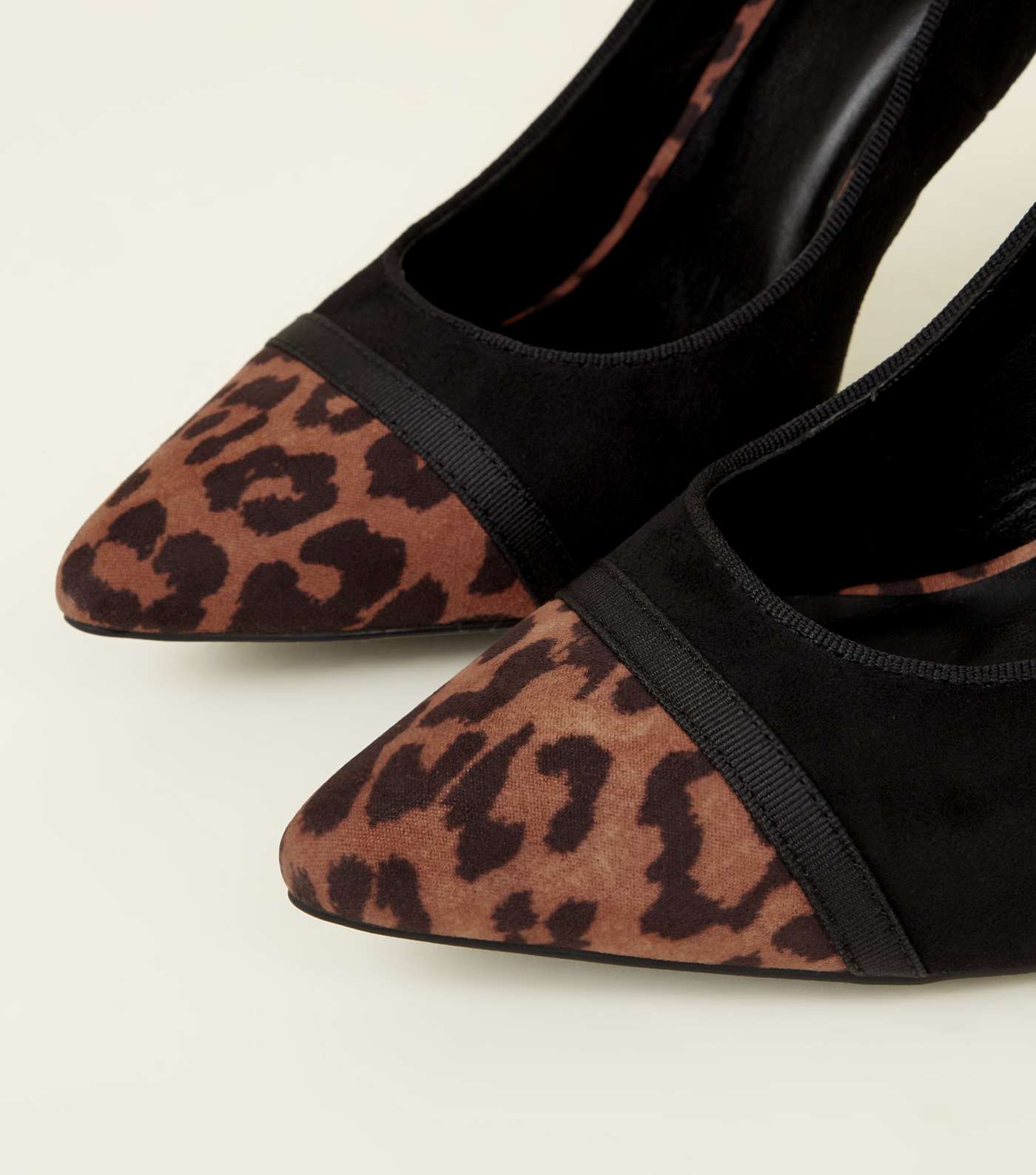 Black Suedette Leopard Print Toe Cap Court Shoes Image 3