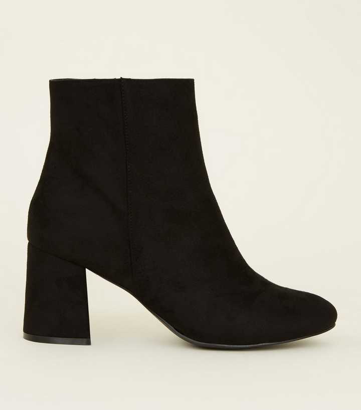 Wide Fit Black Suedette Flared Heel Boots 