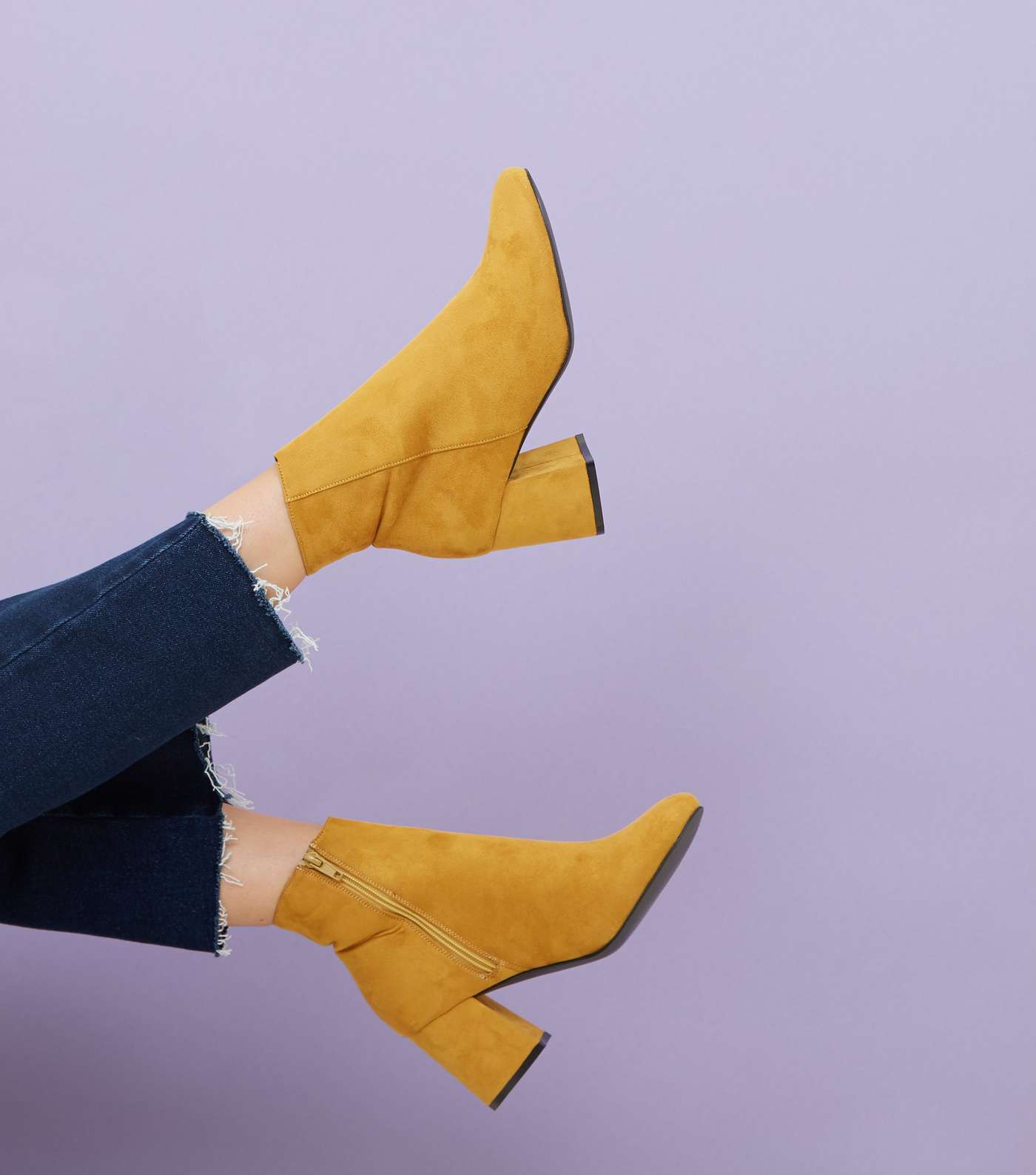 Wide Fit Mustard Suedette Flared Heel Boots  Image 2