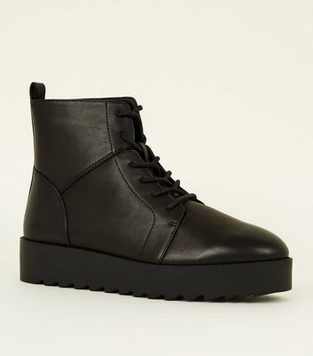 new look chunky flat lace up boot in black