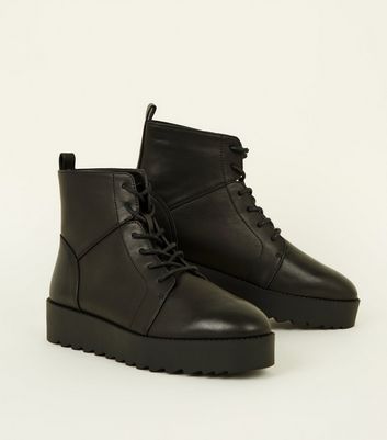 new look chunky flatform lace up flat boot in black