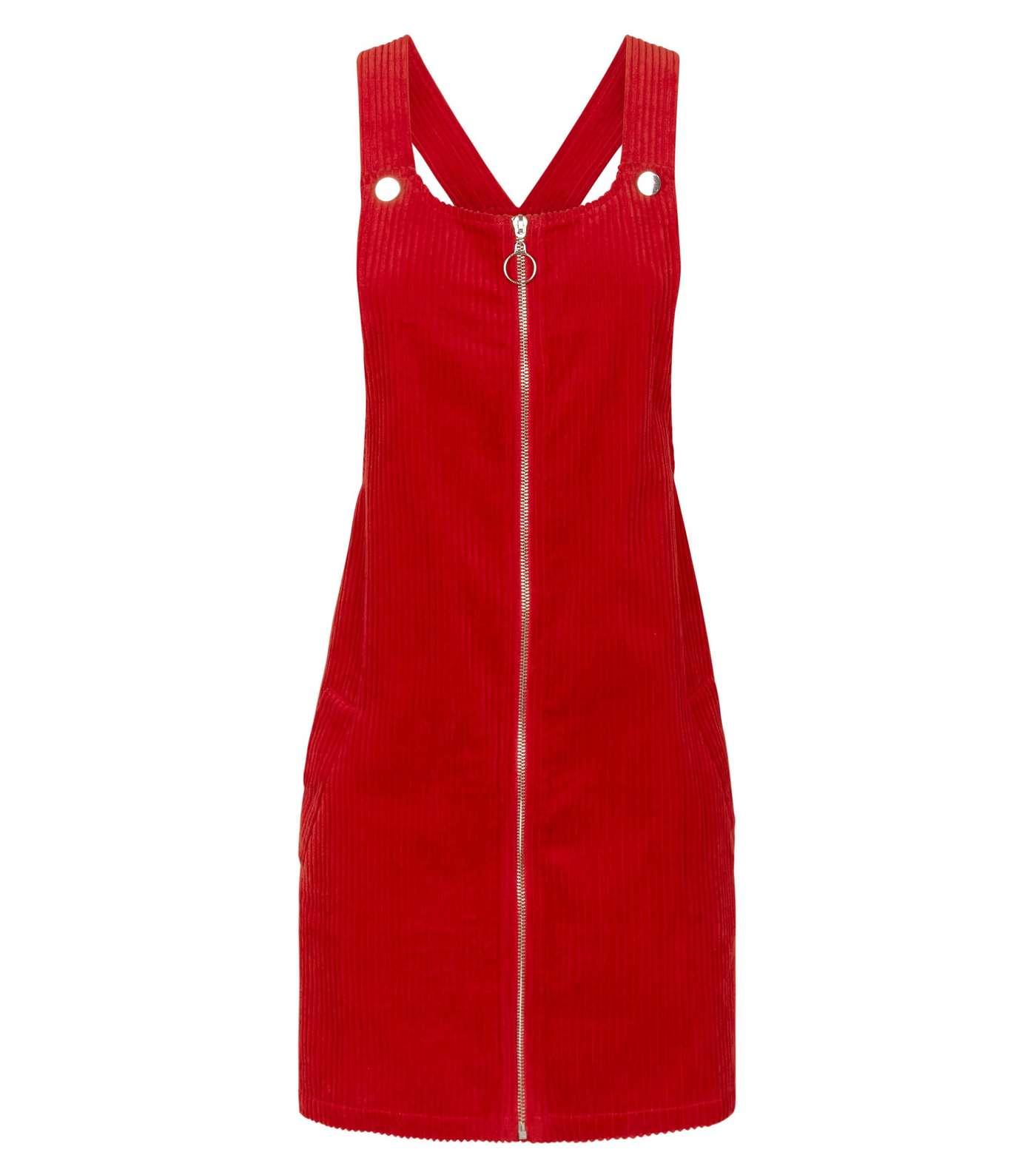 Red Corduroy Zip Through Pinafore Dress Image 4