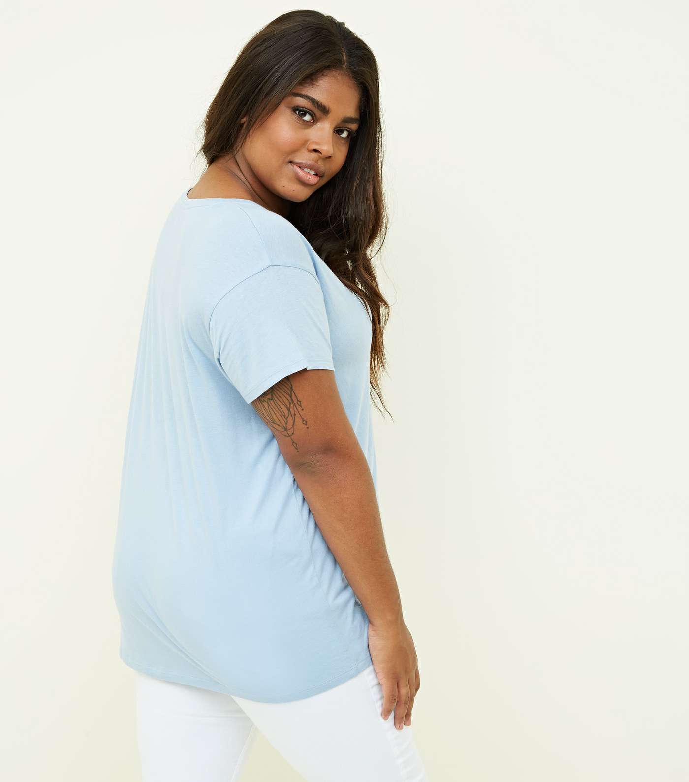 Curves Pale Blue Cotton Blend T-Shirt Image 3