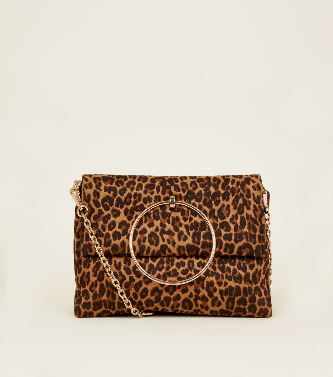 Brown Leopard Print Suedette Ring Handle Bag