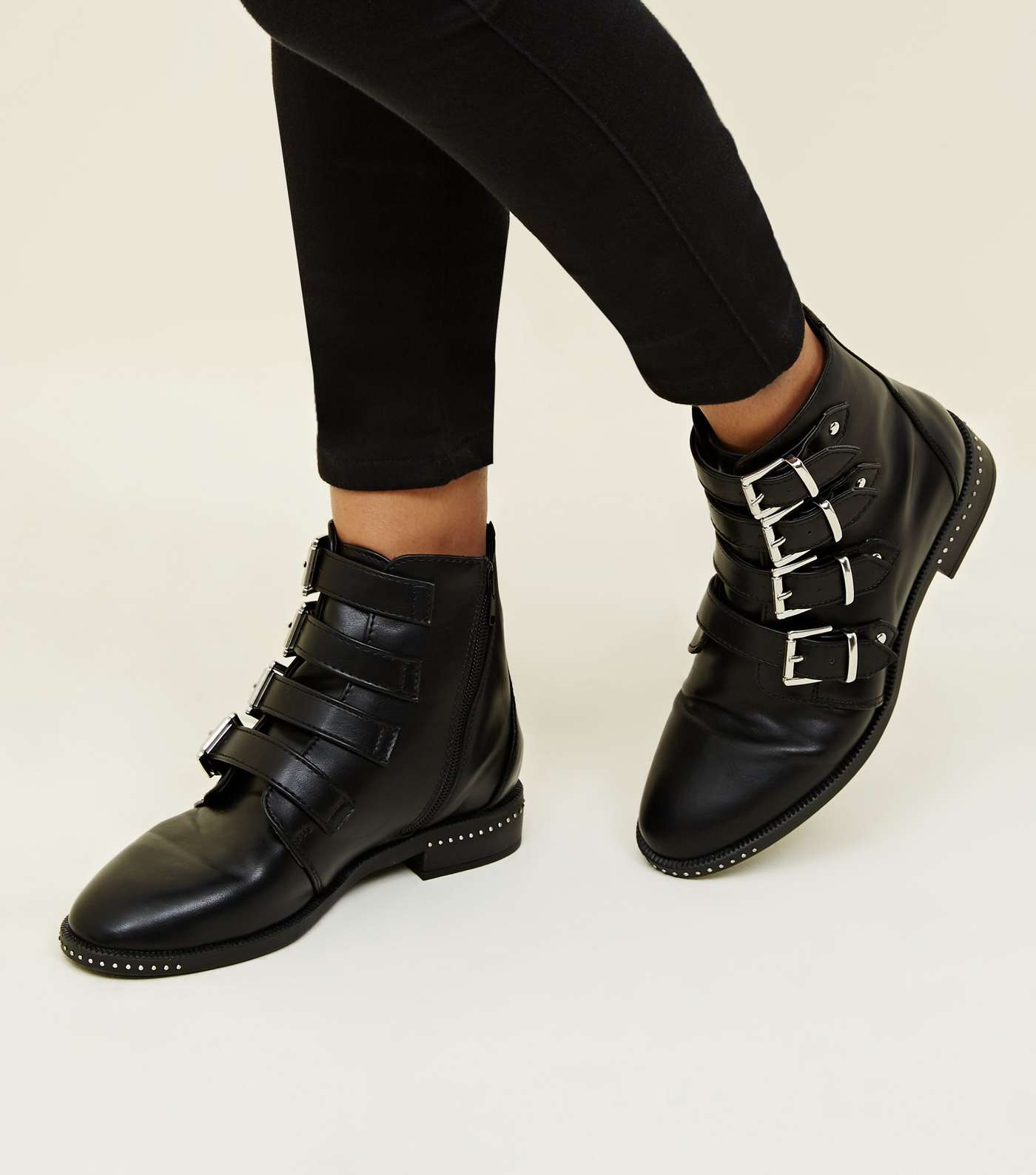 Girls Black Buckle Strap Studded Ankle Boots Image 2