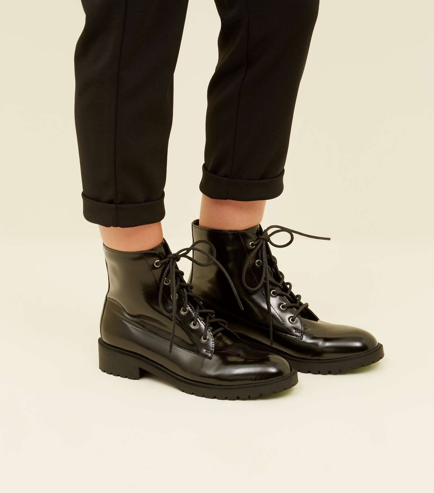 Girls Black Patent Lace Up Boots Image 2