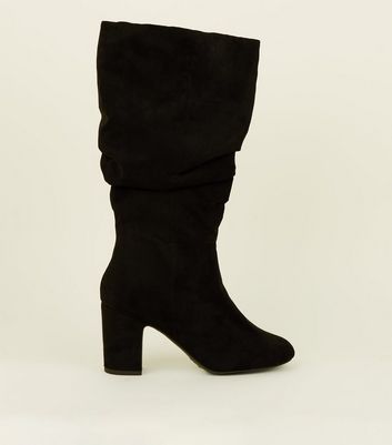 black suedette slouchy knee high boots