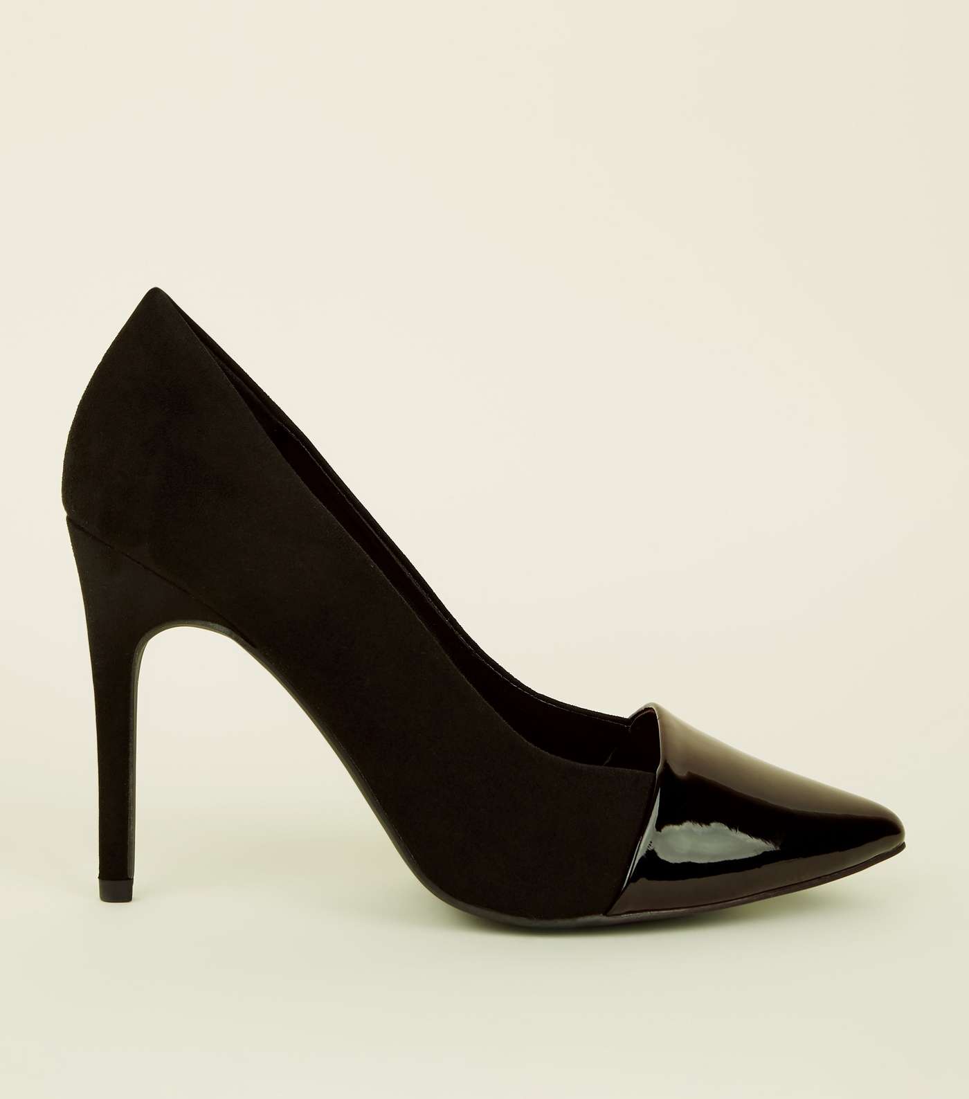 Wide Fit Black Suedette and Patent Pointed Court Shoes