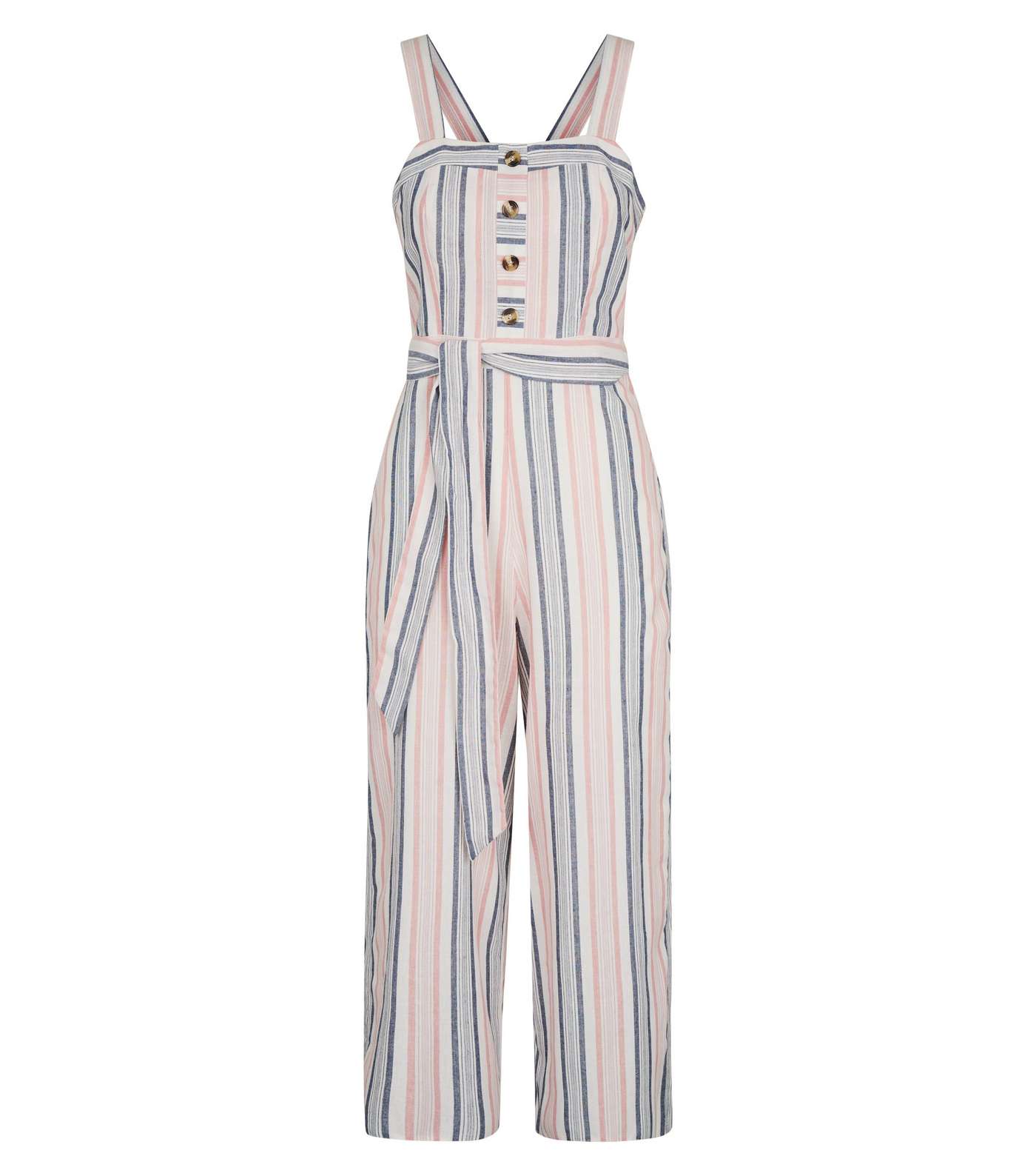 Pink Stripe Button Front Linen-Look Jumpsuit Image 4