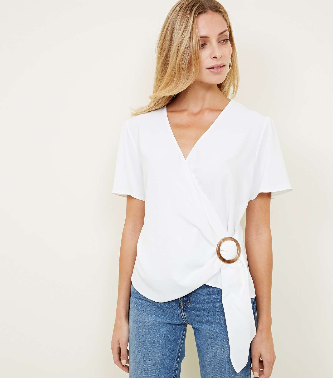 White Faux Horn Ring Buckle Wrap Top