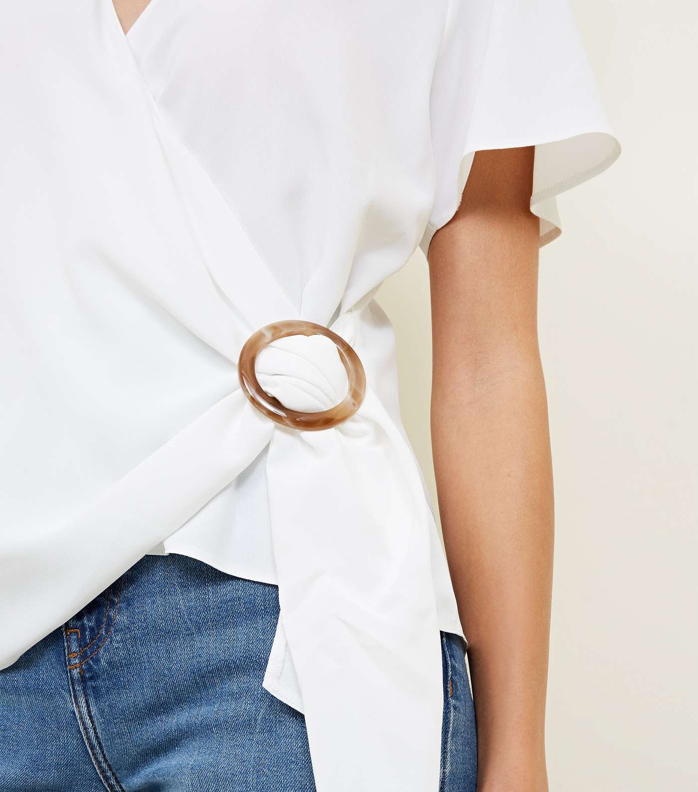 White Faux Horn Ring Buckle Wrap Top Image 5