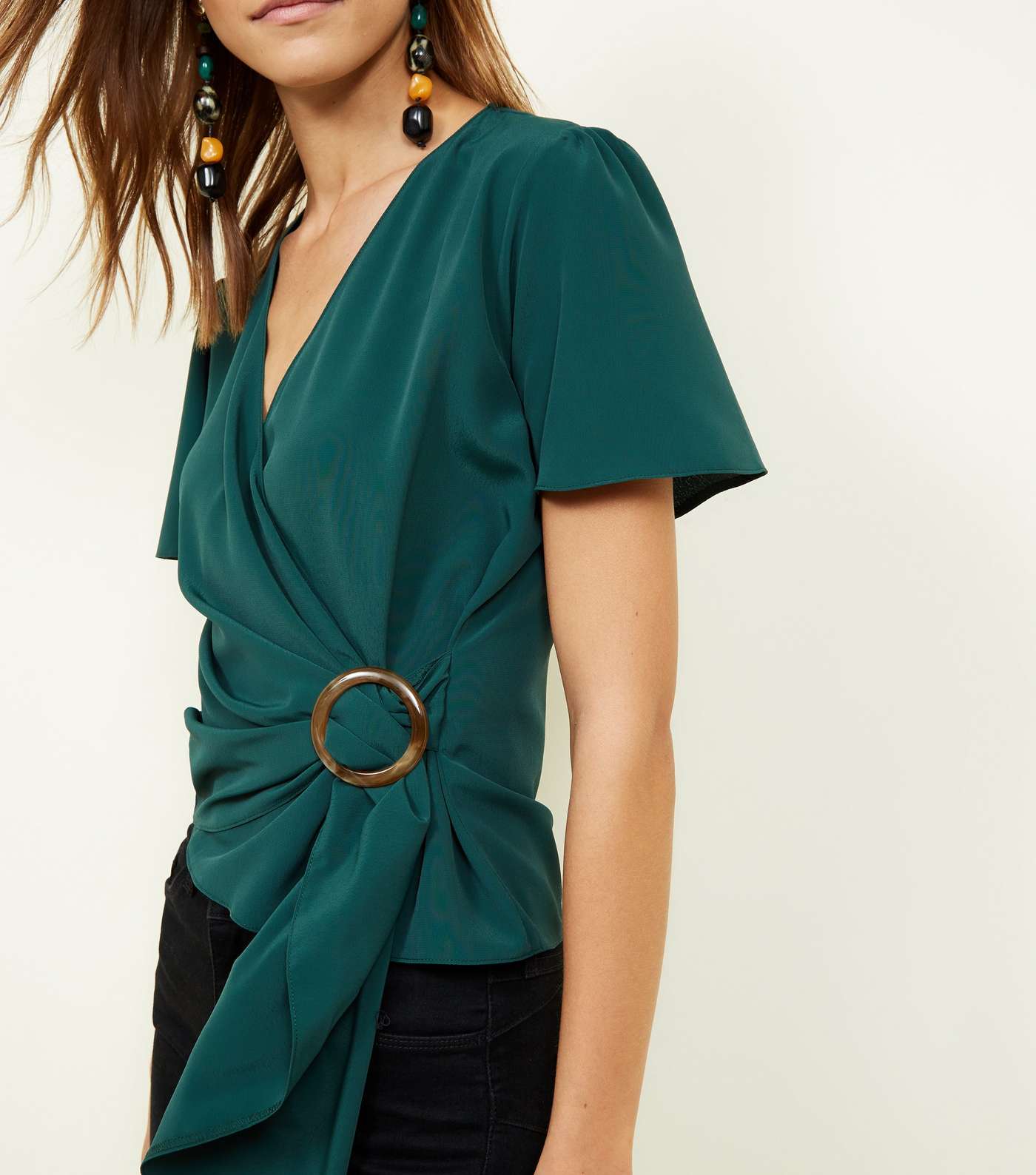 Dark Green Faux Horn Ring Buckle Wrap Top Image 5