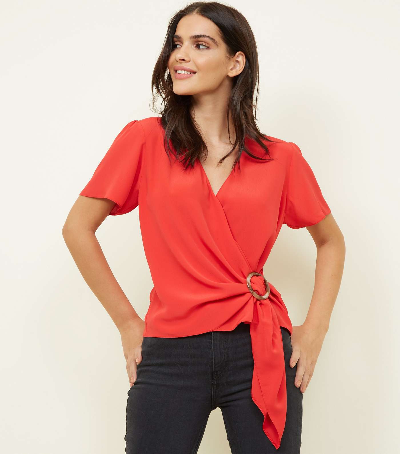 Red Faux Horn Ring Buckle Wrap Top