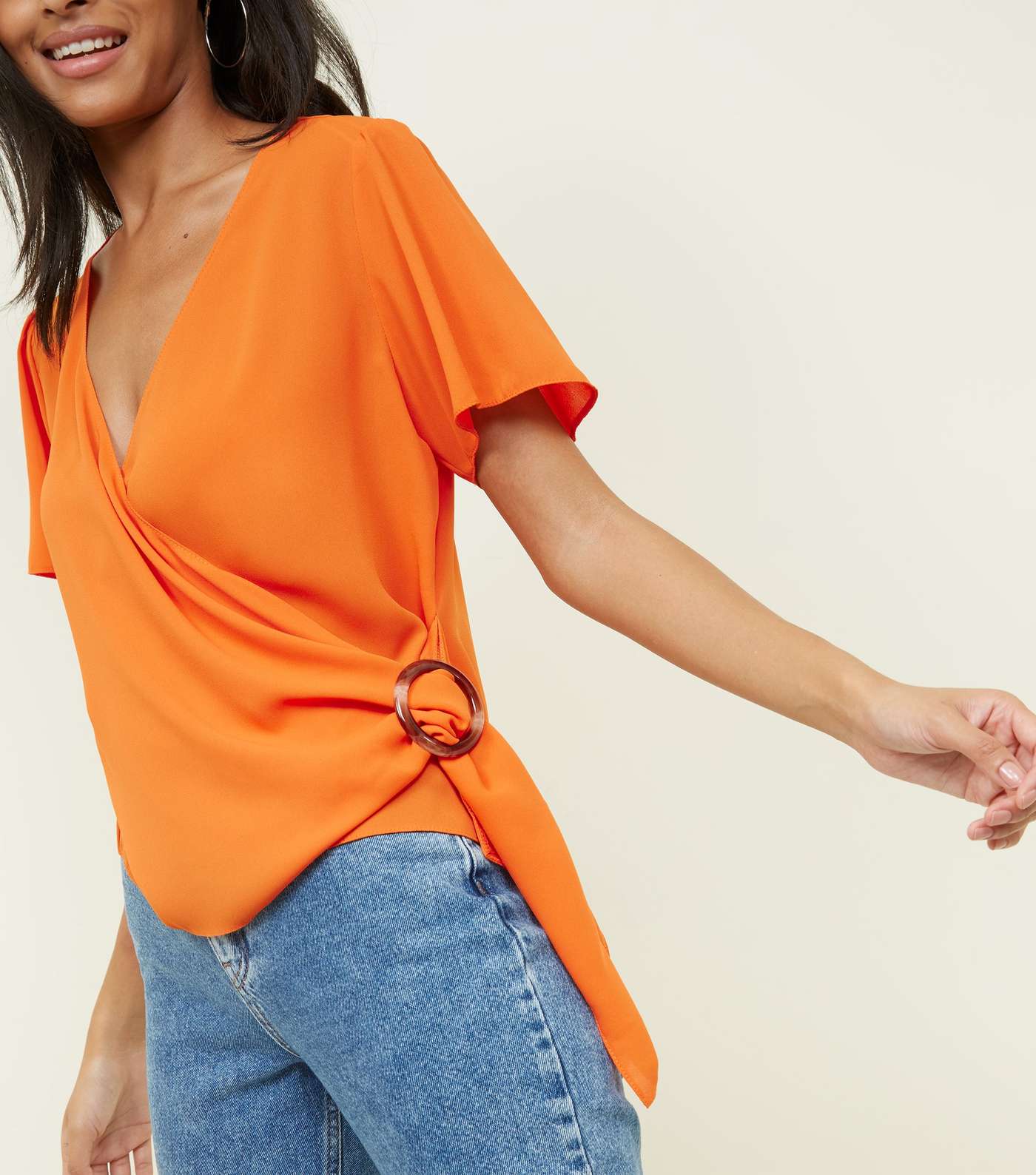 Bright Orange Faux Horn Ring Buckle Wrap Top