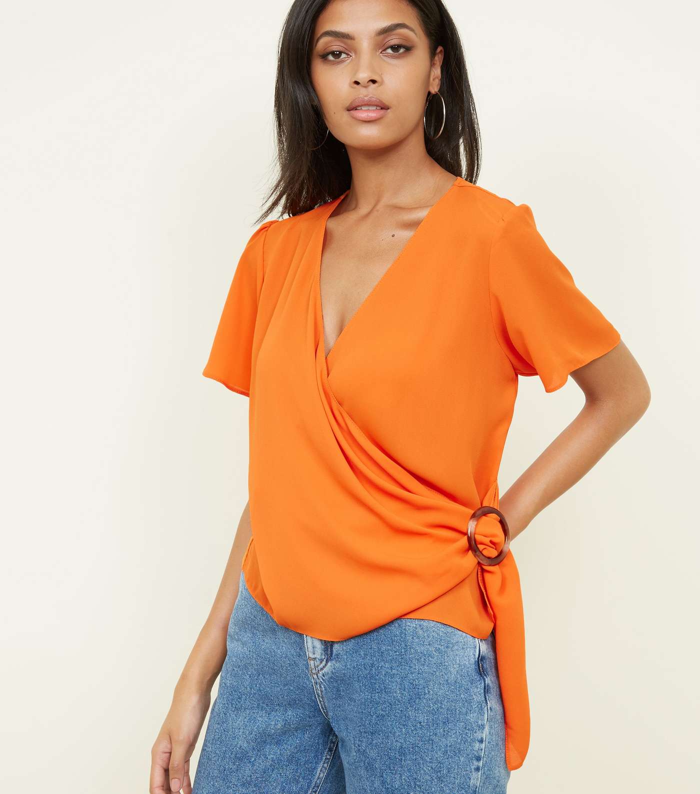 Bright Orange Faux Horn Ring Buckle Wrap Top Image 3