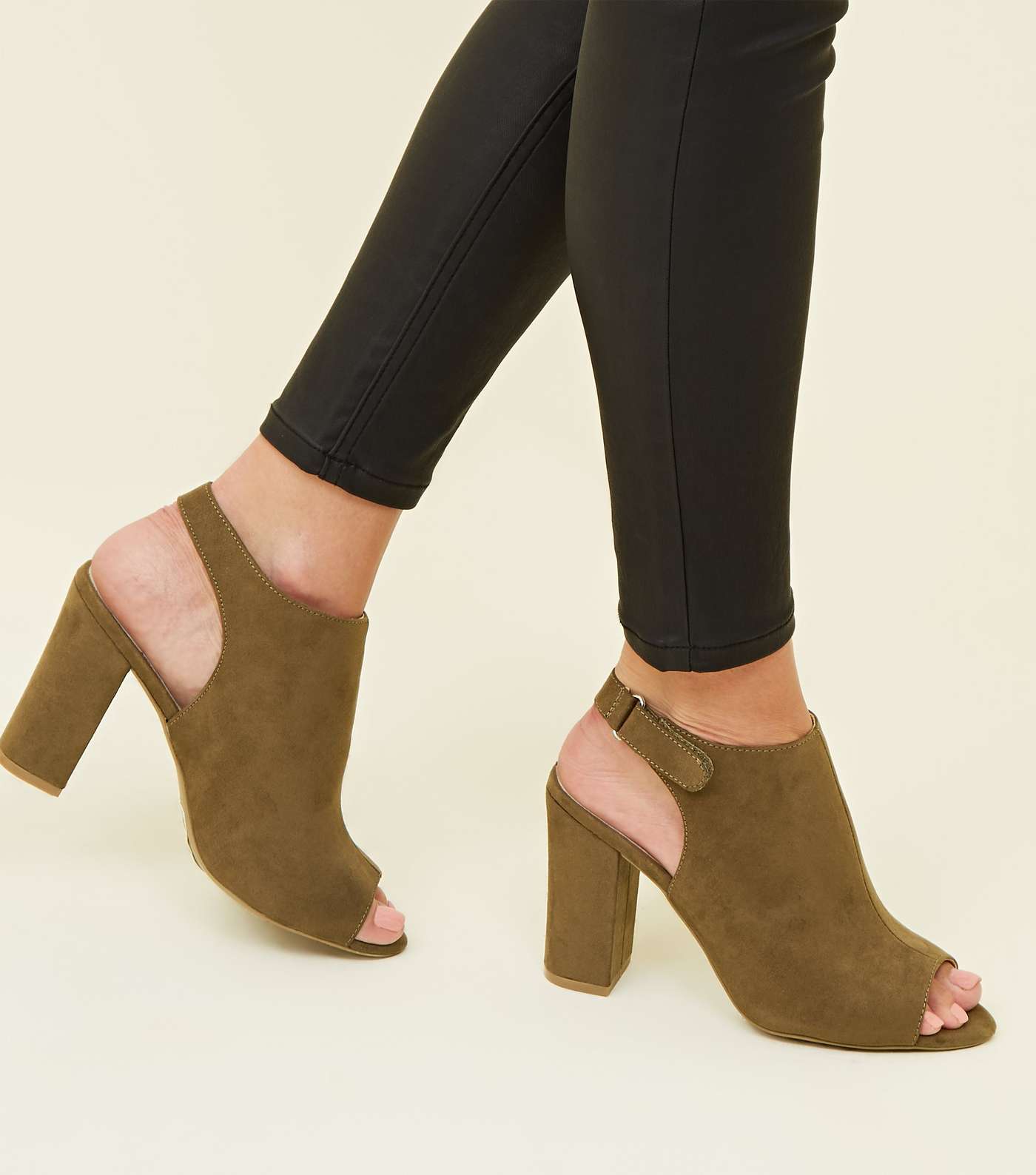 Khaki Comfort Flex Suedette Peep Toe Block Heels Image 2