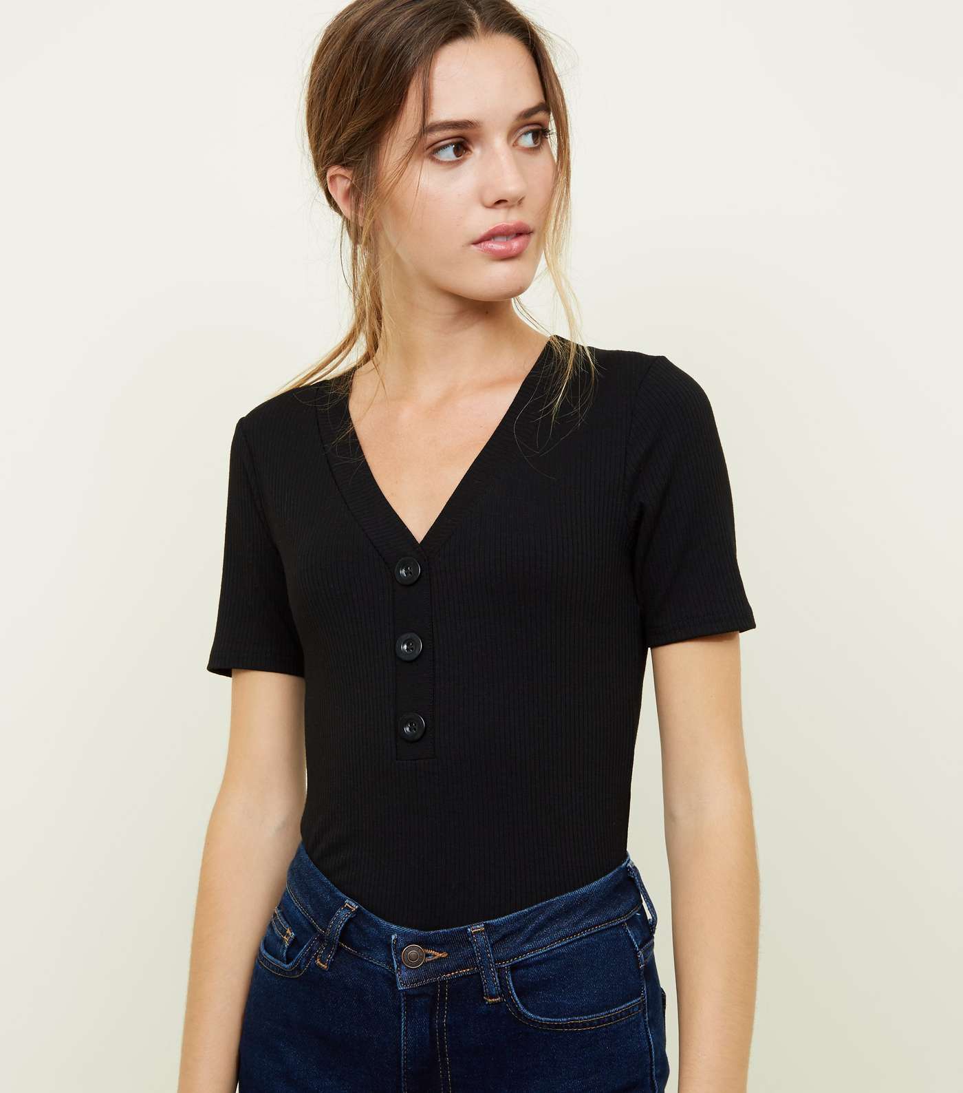 Black Button Front Ribbed T-Shirt