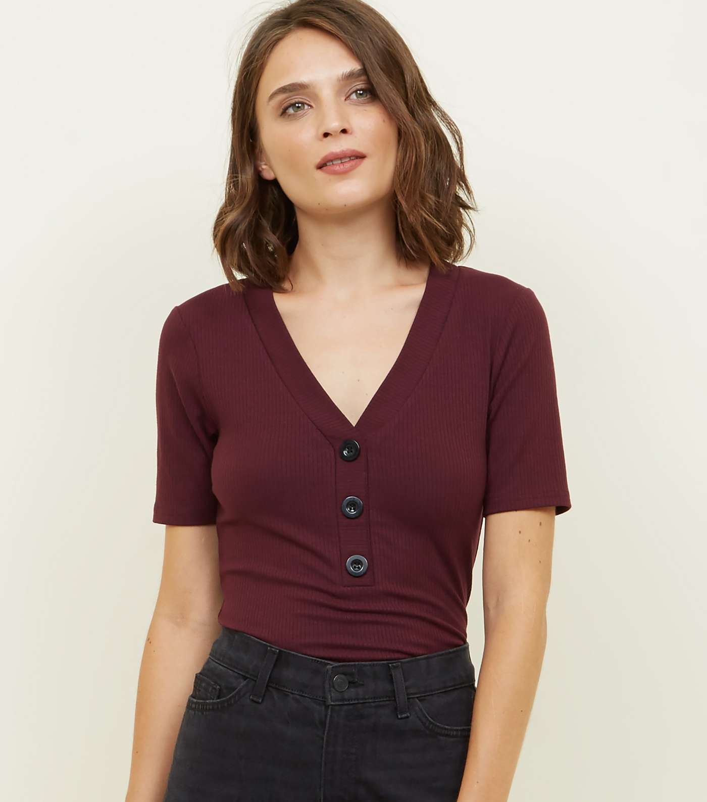 Burgundy Contrast Button Front Ribbed T-Shirt