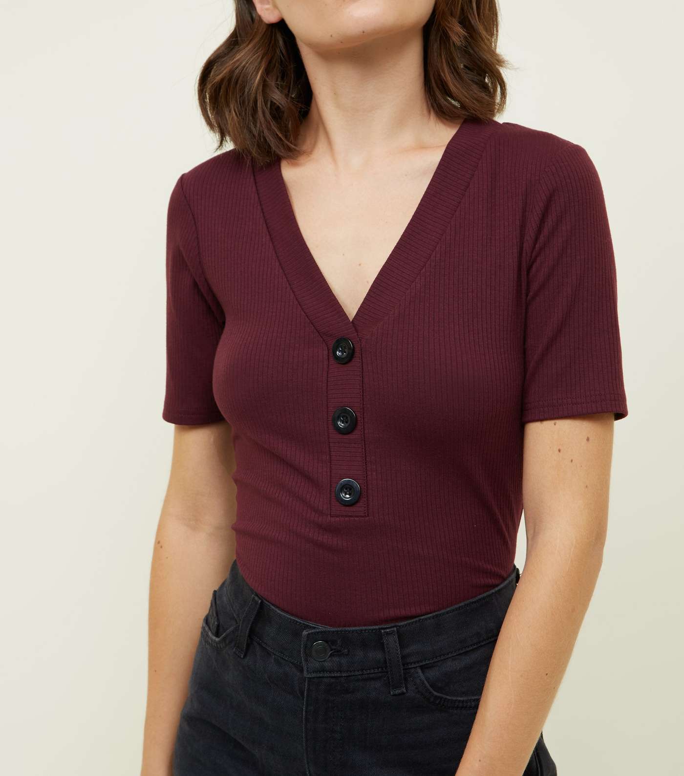 Burgundy Contrast Button Front Ribbed T-Shirt Image 5