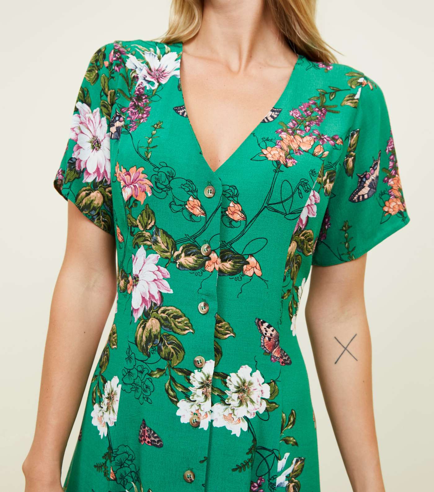 Green Floral Butterfly Button Front Tea Dress  Image 5
