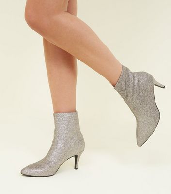 Silver Glitter Kitten Heel Sock Boots 