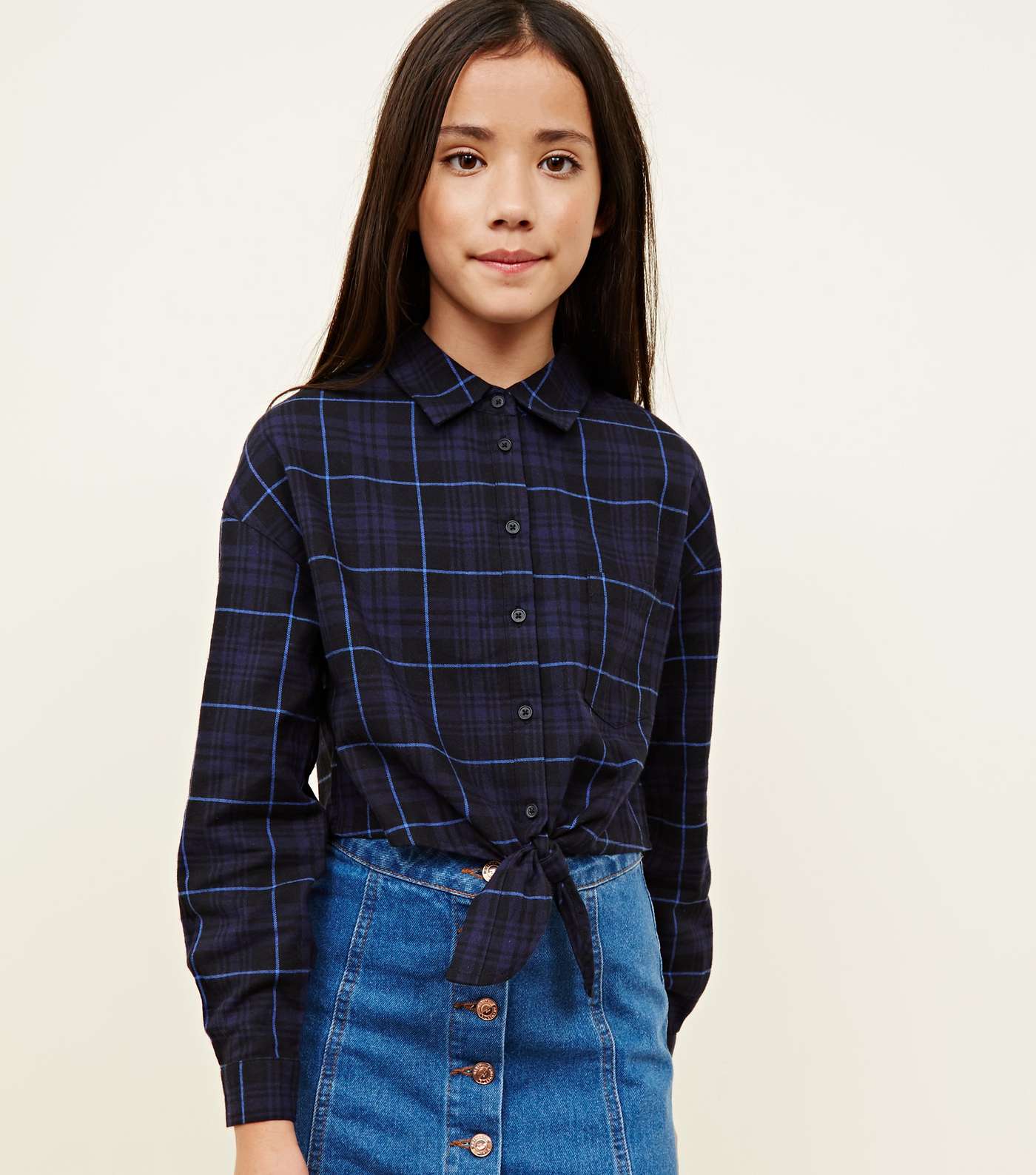 Girls Blue Tie Front Check Shirt 