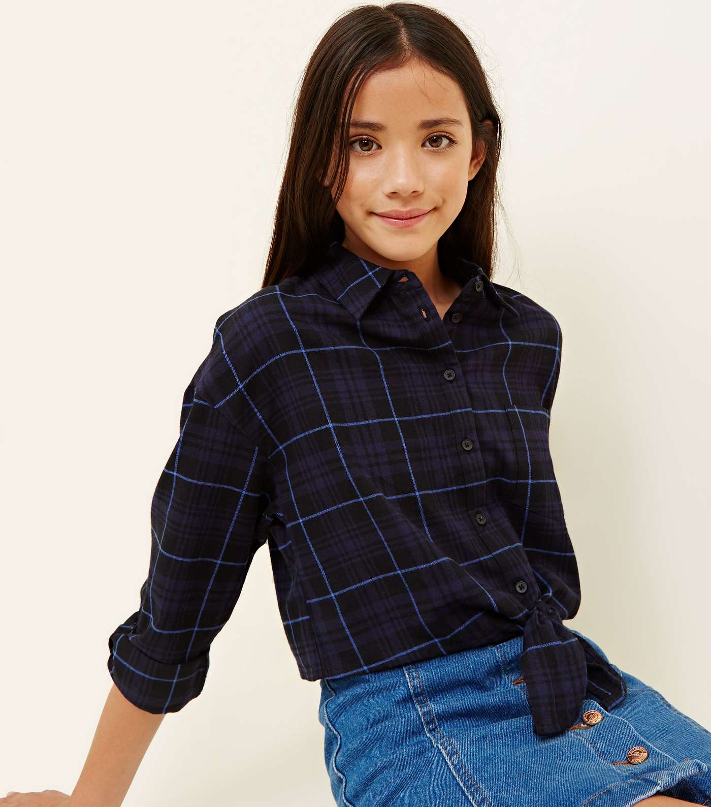 Girls Blue Tie Front Check Shirt  Image 5