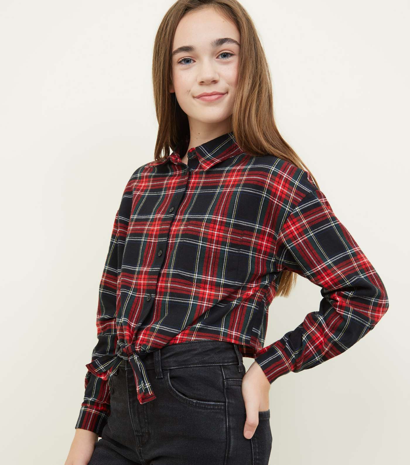 Girls Red Tie Front Check Shirt 