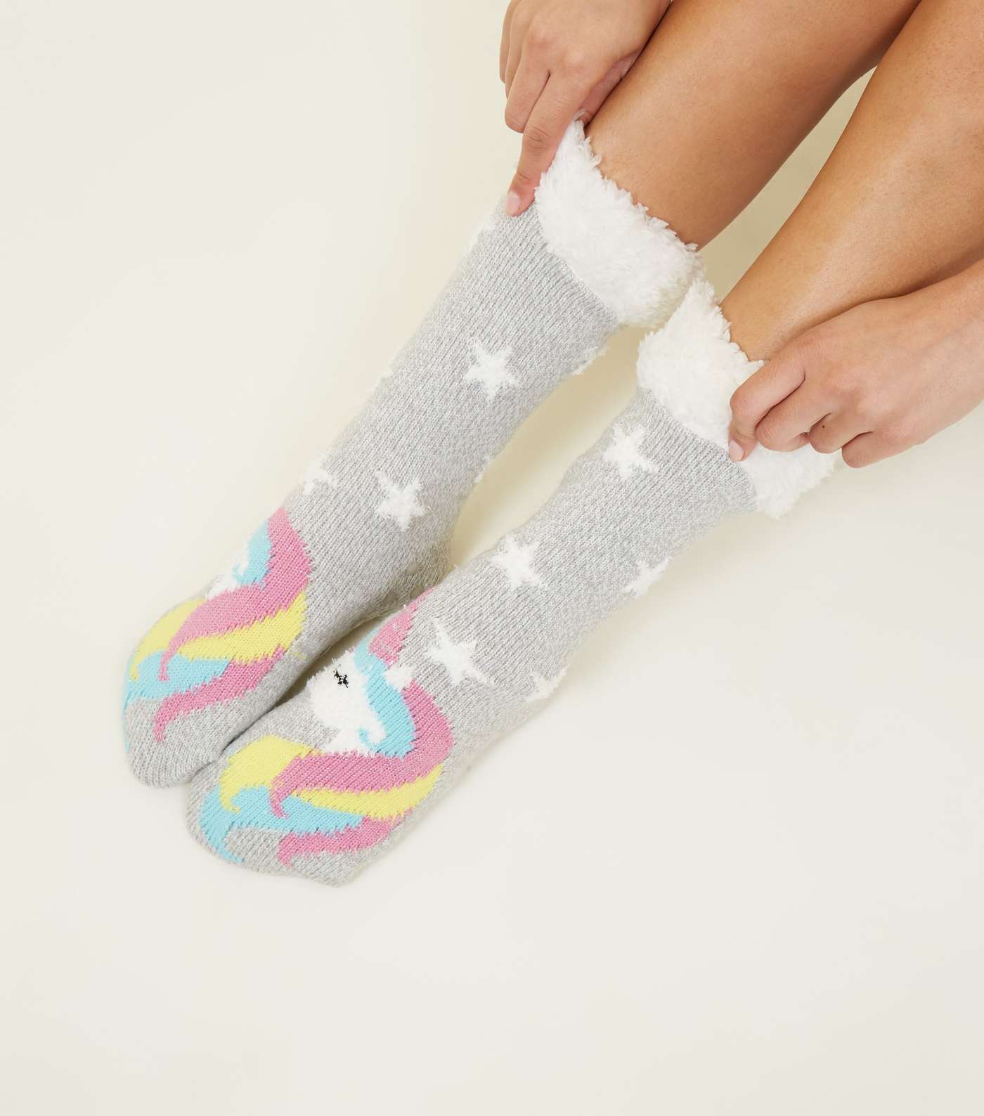 Grey Faux Fur Trim Unicorn Slipper Socks  Image 2