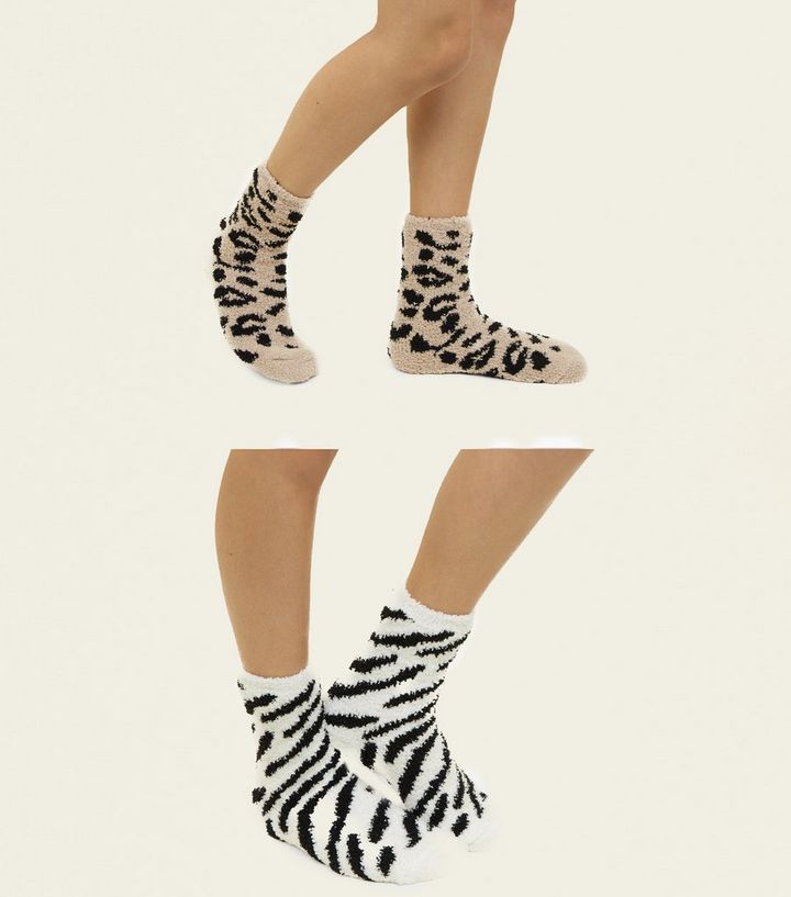 2 Pack Mink Leopard and Zebra Print Fluffy Socks | New Look 2 Pack Mink Leopard and Zebra Print Fluffy Socks | New Look