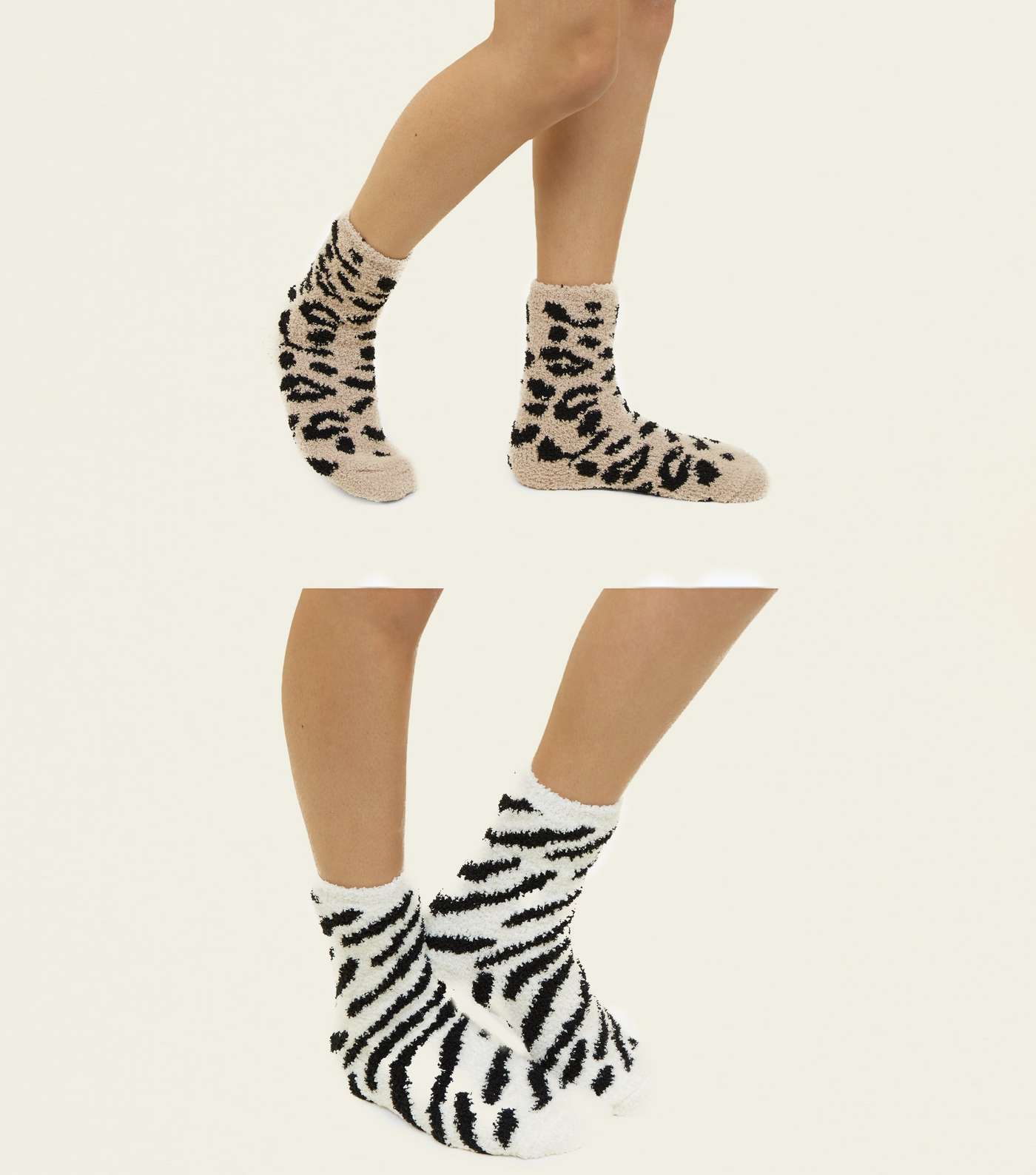 2 Pack Mink Leopard and Zebra Print Fluffy Socks Image 2