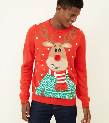 Red Knit Pom Pom Reindeer Christmas Jumper New Look