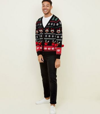 Black Pom Pom Trim Christmas Cardigan New Look