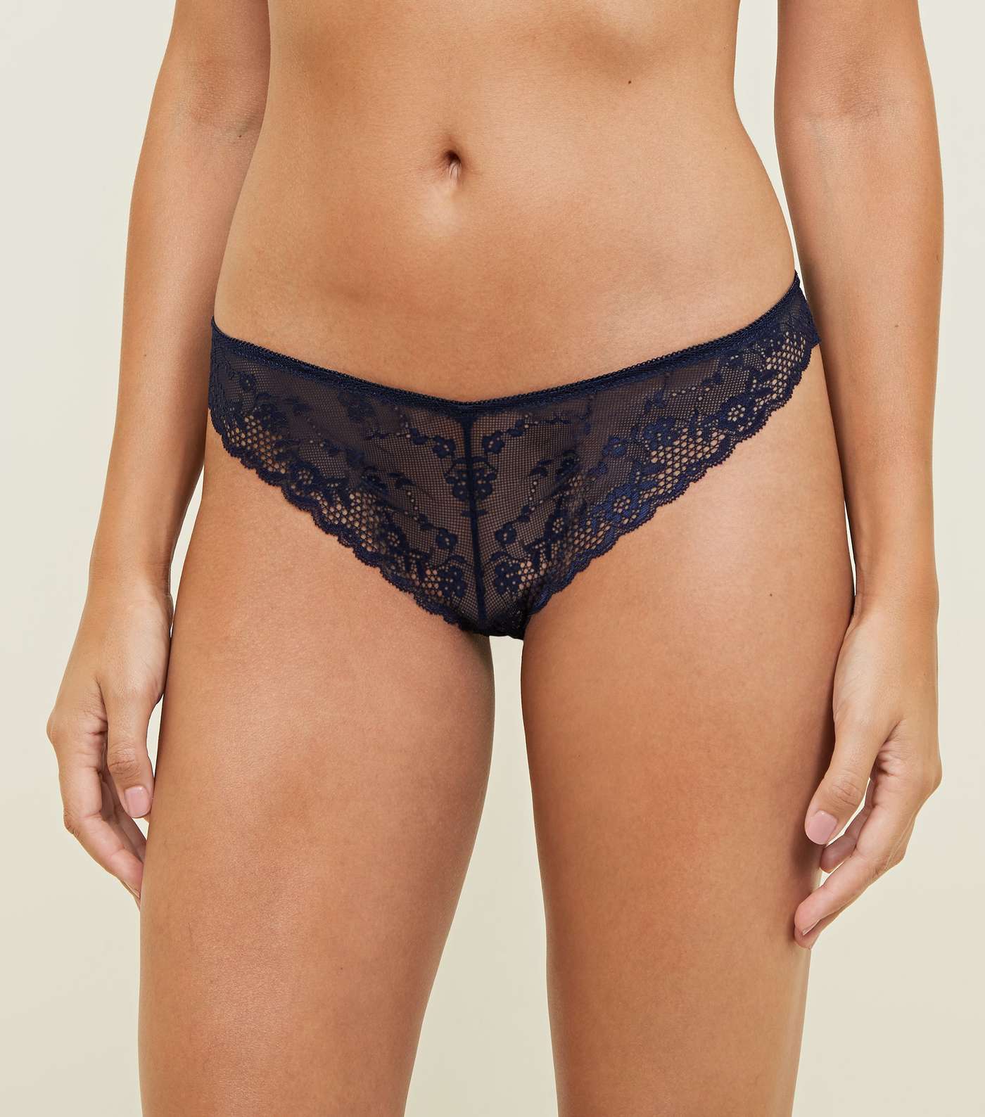 Navy Floral Scallop Lace Thong 