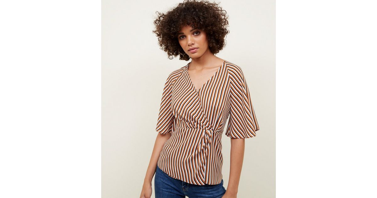 White and Rust Stripe Twist Wrap Front Top | New Look
