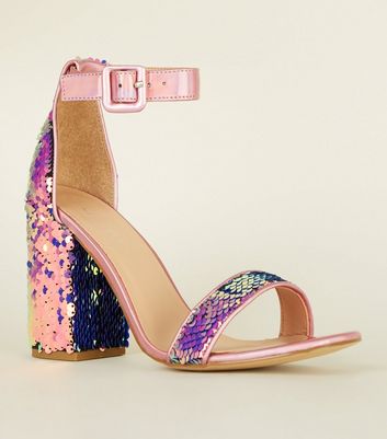 Lilac Sequin Block Heel Sandals | New Look