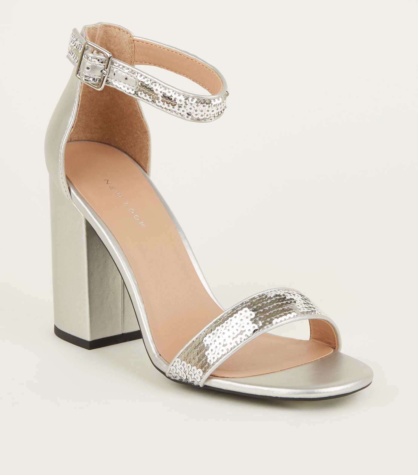 Silver Metallic Sequin Strap Block Heels