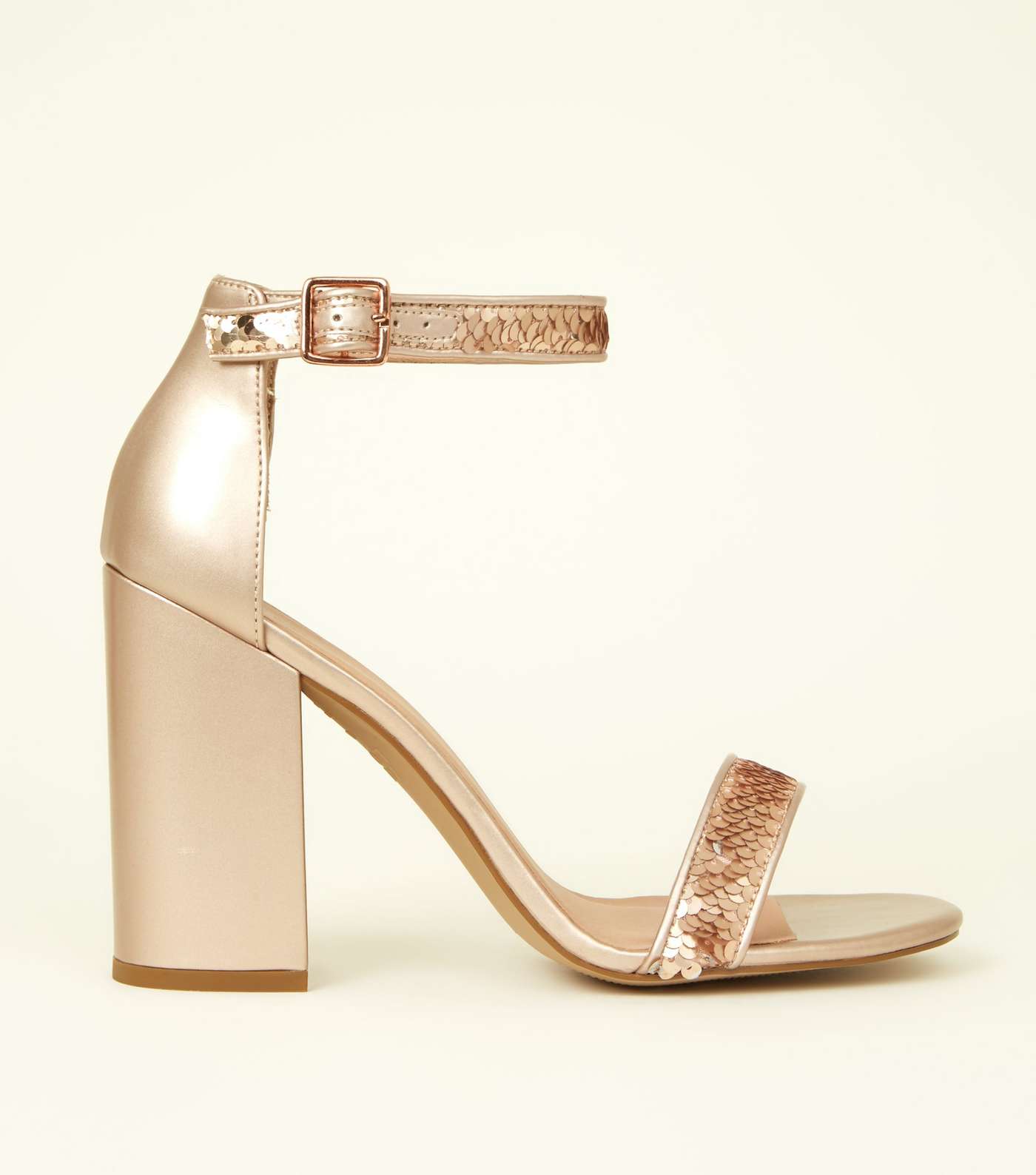 Rose Gold Metallic Sequin Strap Block Heels