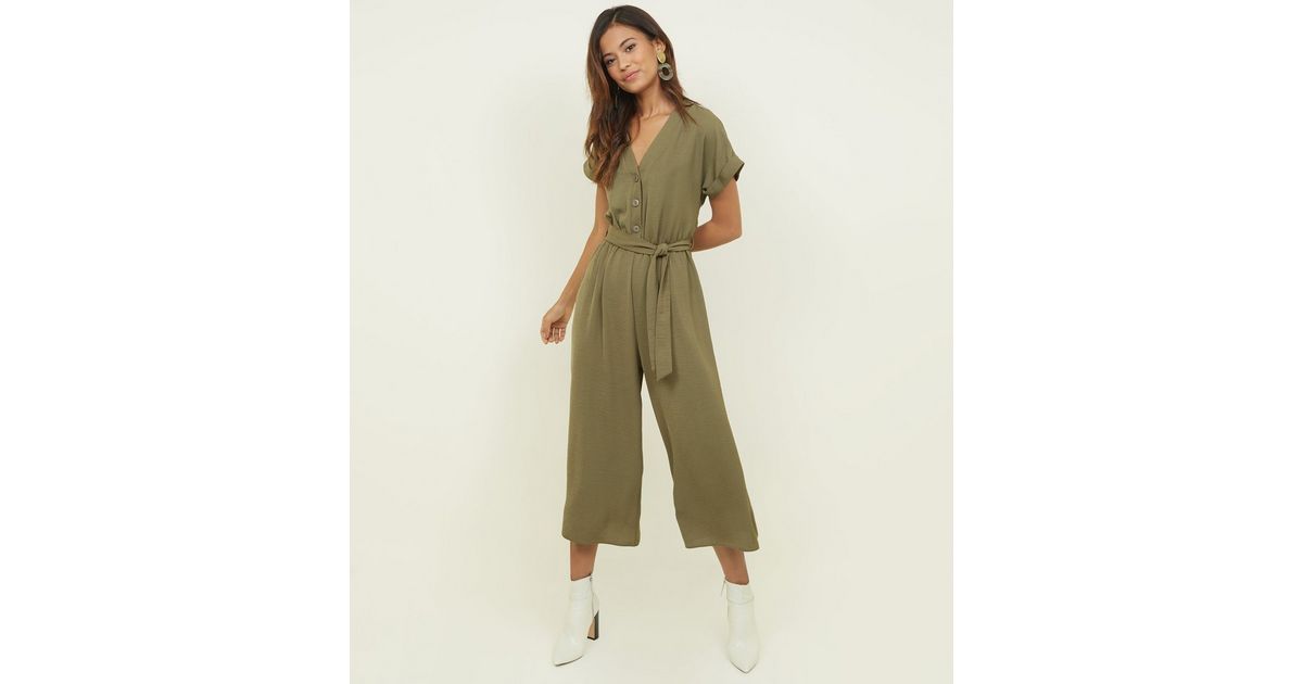 Khaki Button Front Sleeveless Jumpsuit - Faven