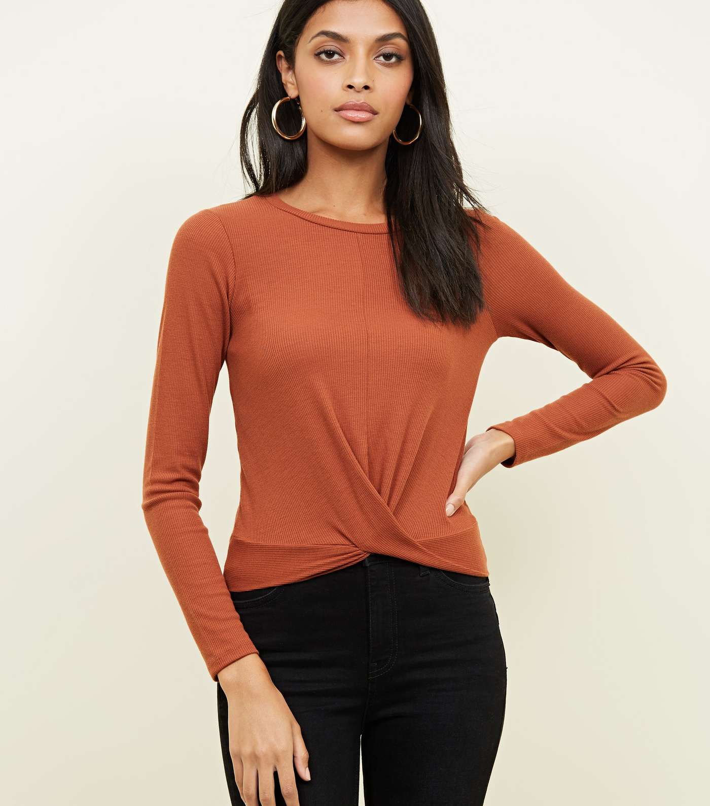 Rust Ribbed Twist Front Long Sleeve T-Shirt
