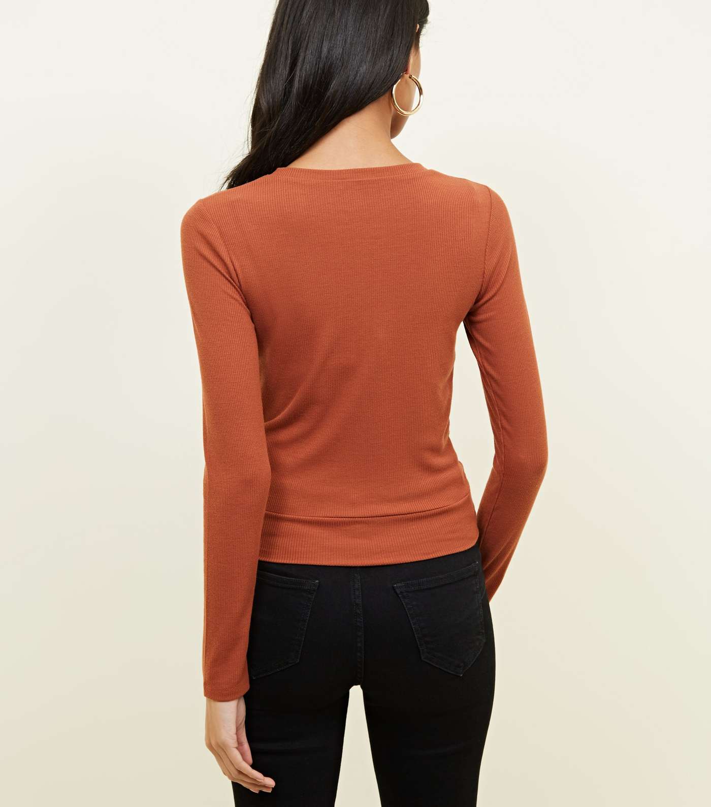 Rust Ribbed Twist Front Long Sleeve T-Shirt Image 3