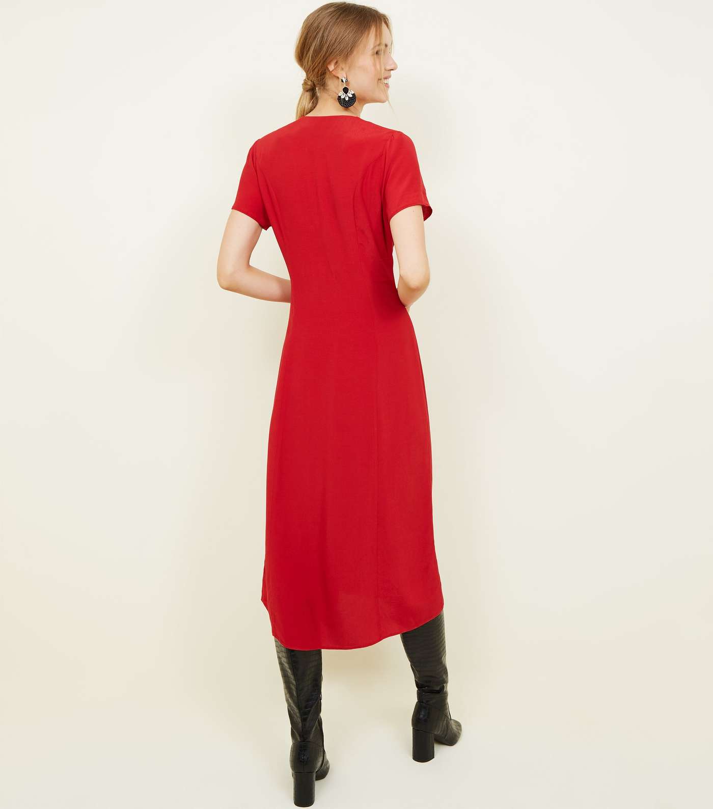 Red Button Front Midi Tea Dress  Image 3