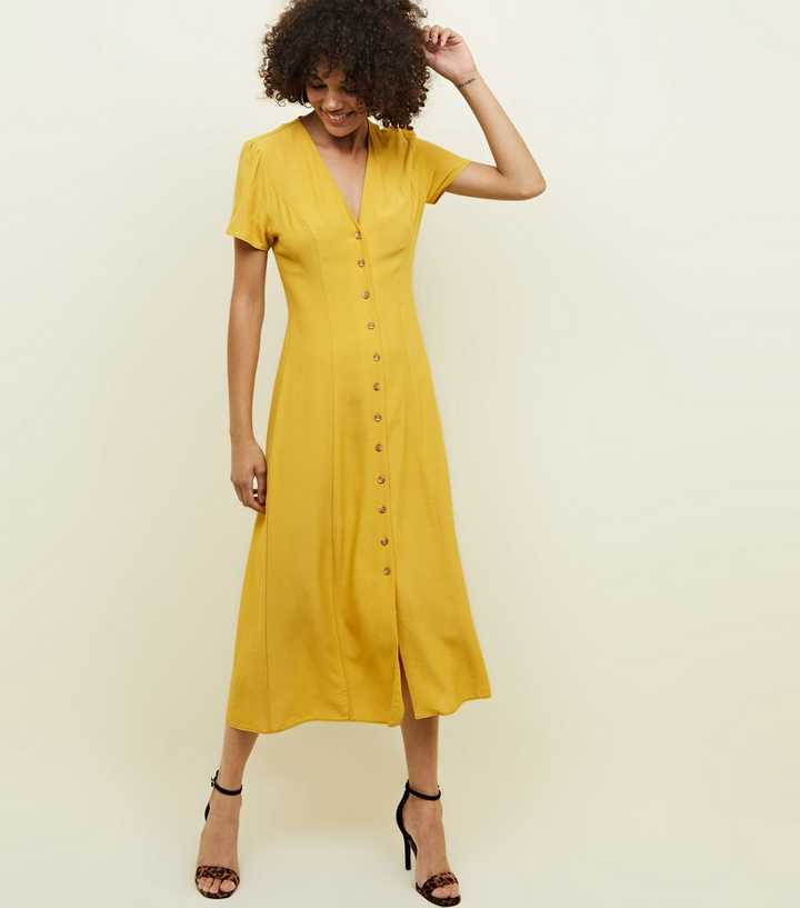 Mustard Button Front Midi Tea Dress