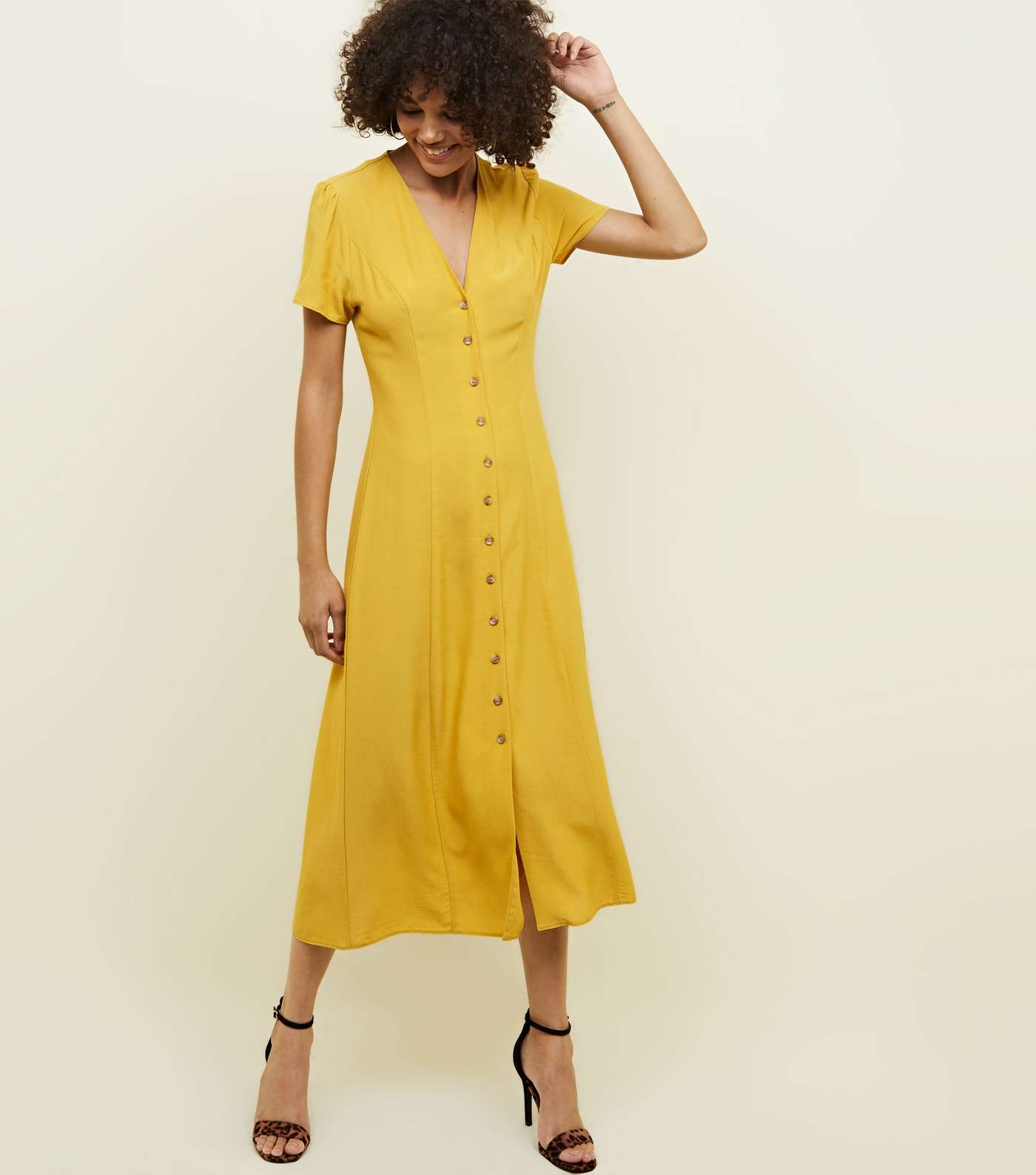 Mustard Button Front Midi Tea Dress 