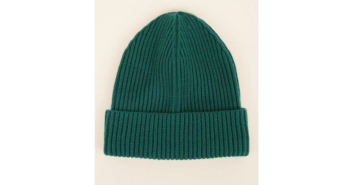 Dark Green Ribbed Beanie Hat New Look