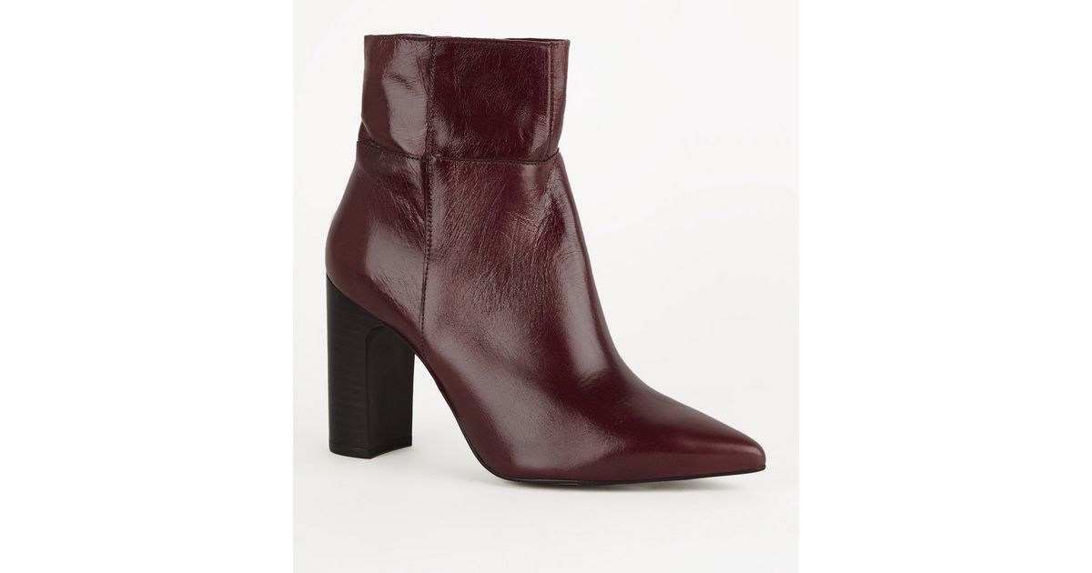Dark Red Premium Leather Block Heel Boots | New Look